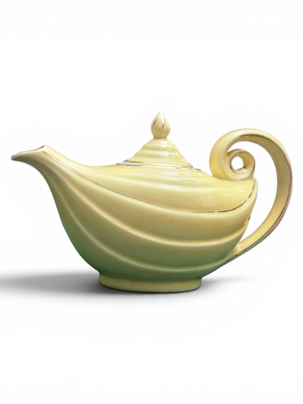 Hall China Yellow Aladdin Genie Lamp Teapot Gold Trim Swirl 6-Cup USA MCM
